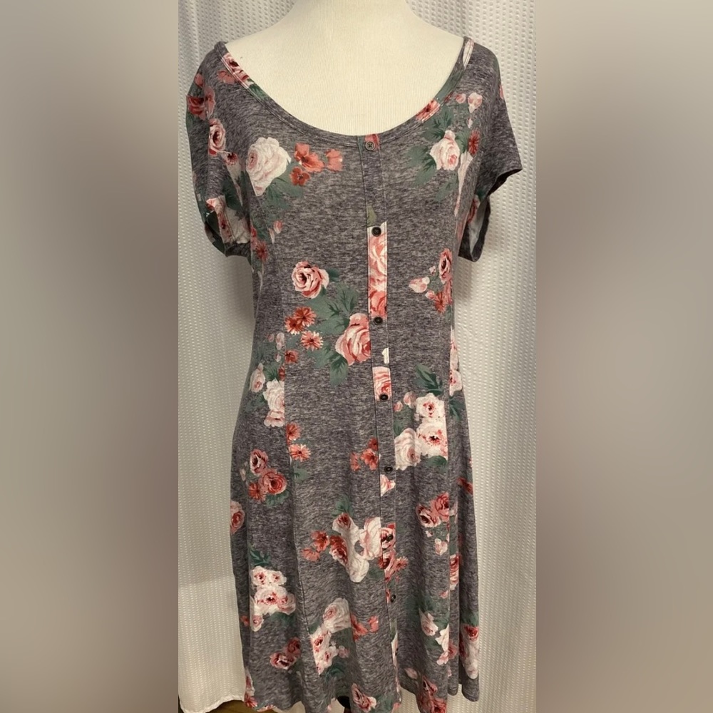 So Perfectly Soft Perfectly You Skater Dress~Gray Pink Roses~Size Large